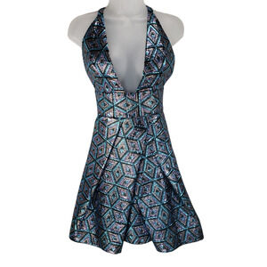 Milly Metallic Dress S Women Blue Purple Black Skater Plunging V Neck Prom Party